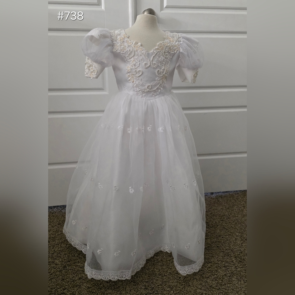 White Short Sleeve Girls Formal Baptism, Communion, or Flower Girl Dress